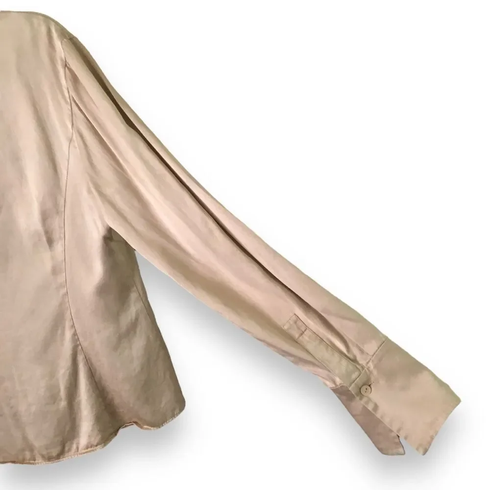 Lafayette 148 Light Tan Silk Charmeuse Button Up Long Sleeve Shirt Size 10 FLAW - Picture 3 of 6